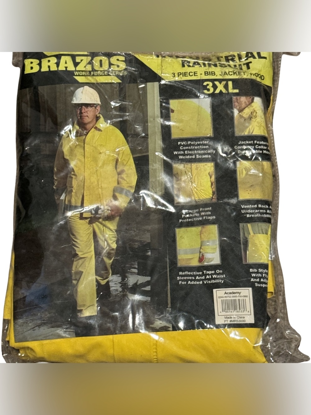 Brazos Work Force 3XL Industrial Rainsuit 3‎ Piece Jacket Bib Hood Yellow